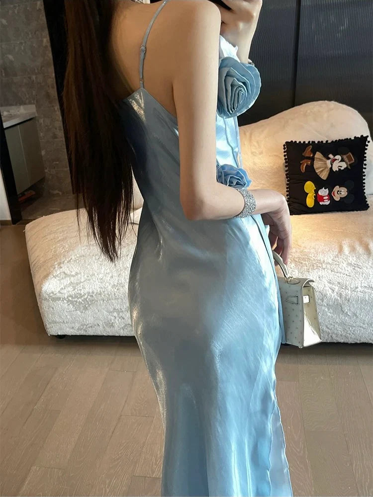 Chic Sheath Spaghetti Straps Light Sky Blue Flower Long Prom Dresses Birthday Outfits
