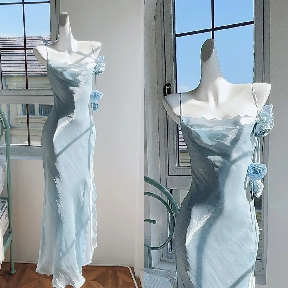 Chic Sheath Spaghetti Straps Light Sky Blue Flower Long Prom Dresses Birthday Outfits
