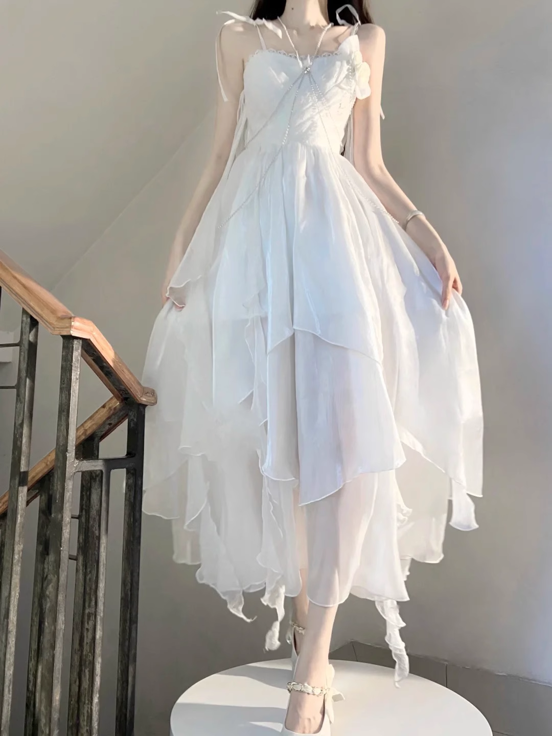 Chic A line Spaghetti Straps Chiffon White Ankle length Birthday Dresses Birthday Outfits