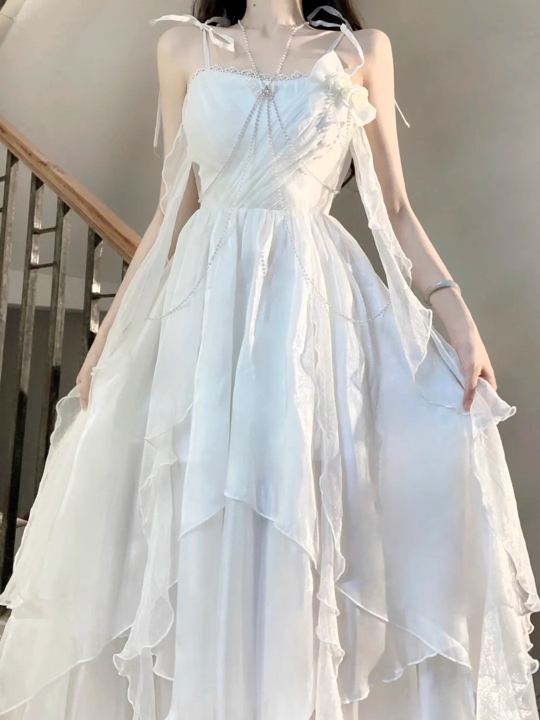 Chic A line Spaghetti Straps Chiffon White Ankle length Birthday Dresses Birthday Outfits