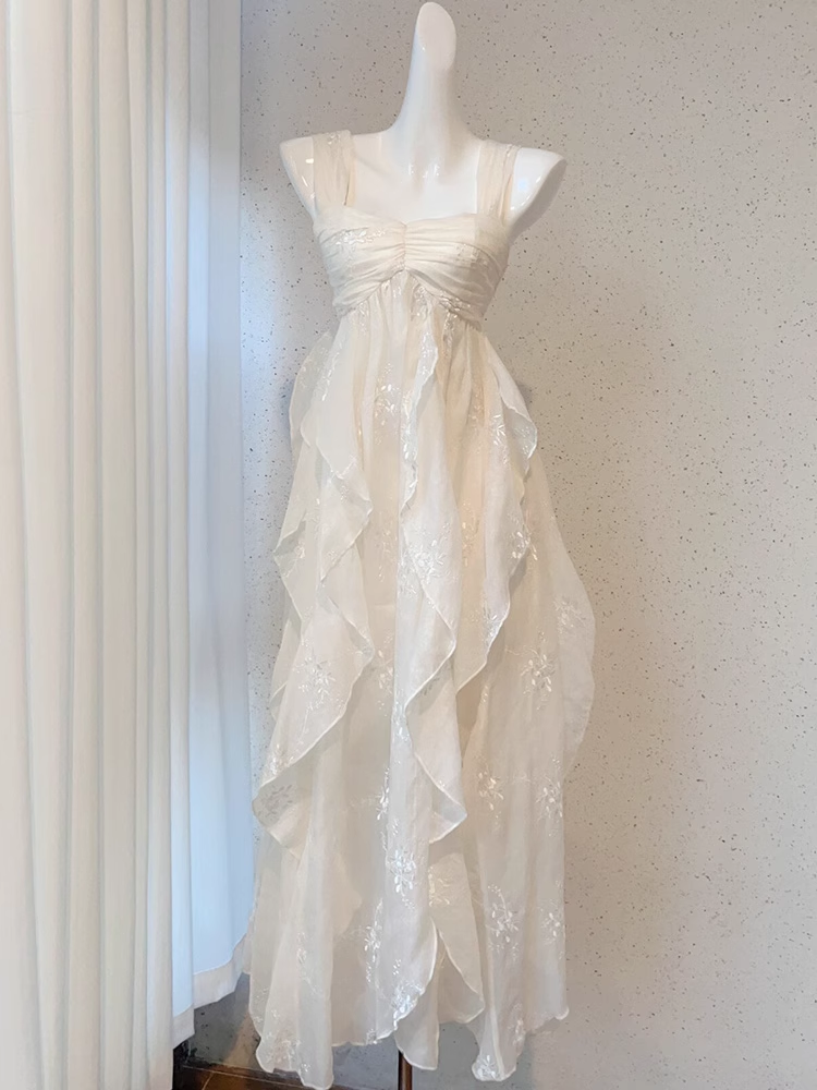 Chic A line Straps Floral White Ankle length Birthday Dresses Birthday Outfits