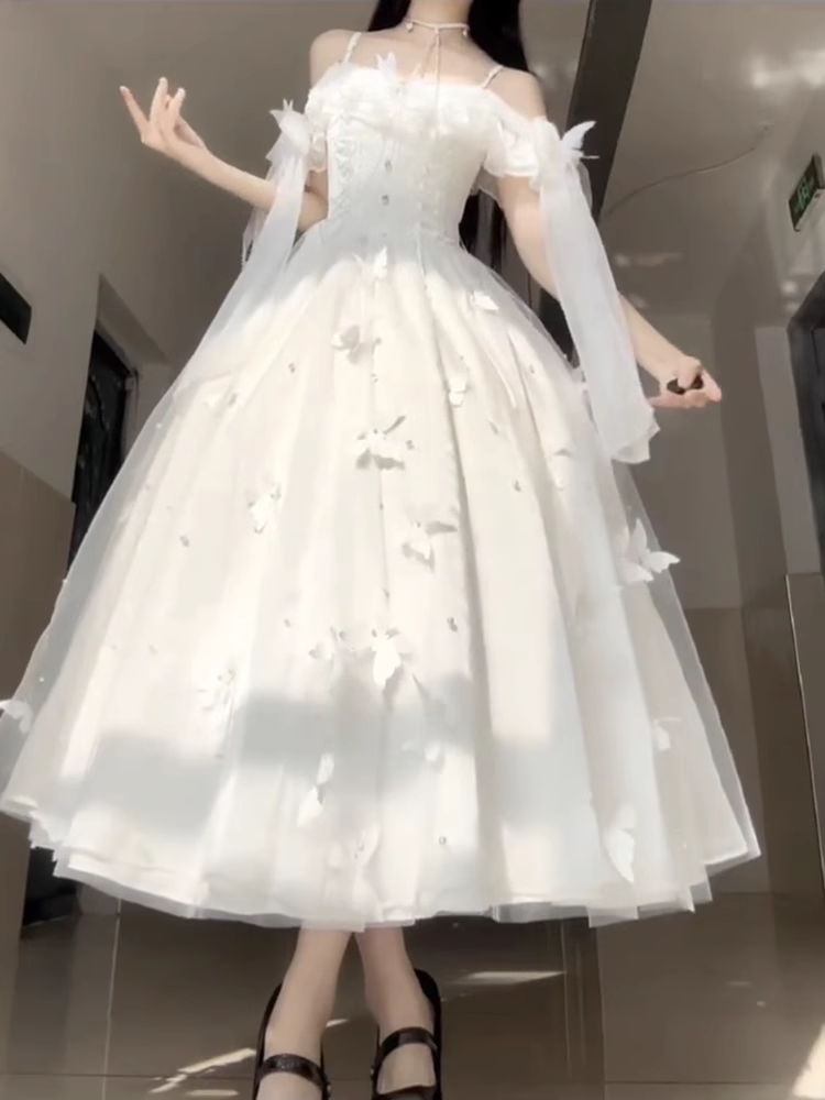 Retro Ball Gown Spaghetti Straps Ankle length White Prom Dresses Birthday Outfits With Lace