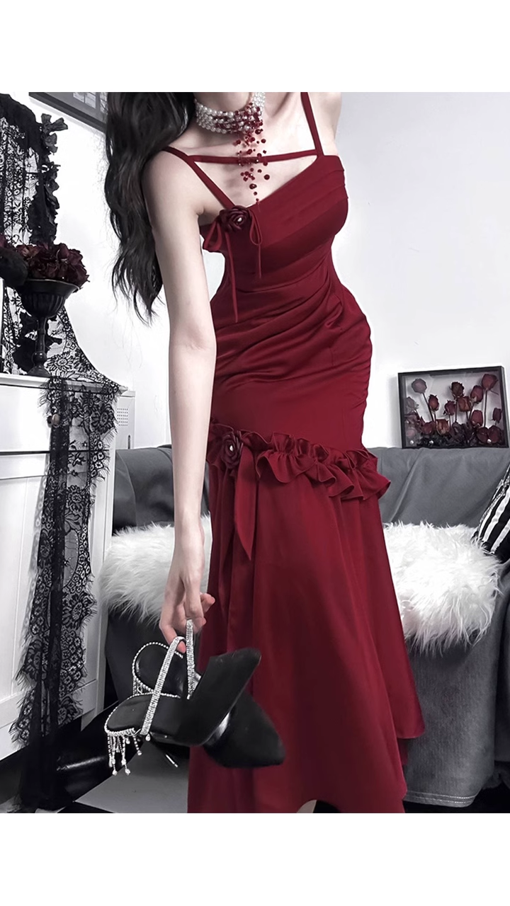 Retro Mermaid Spaghetti Straps Burgundy Ankle length Prom Dresses Birthday Outfits