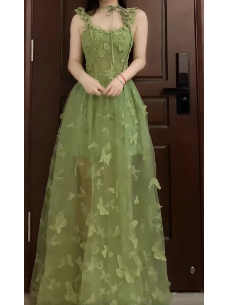 Retro A Line Spaghetti Straps Ankle length Green Lace Prom Dresses Birthday Outfits