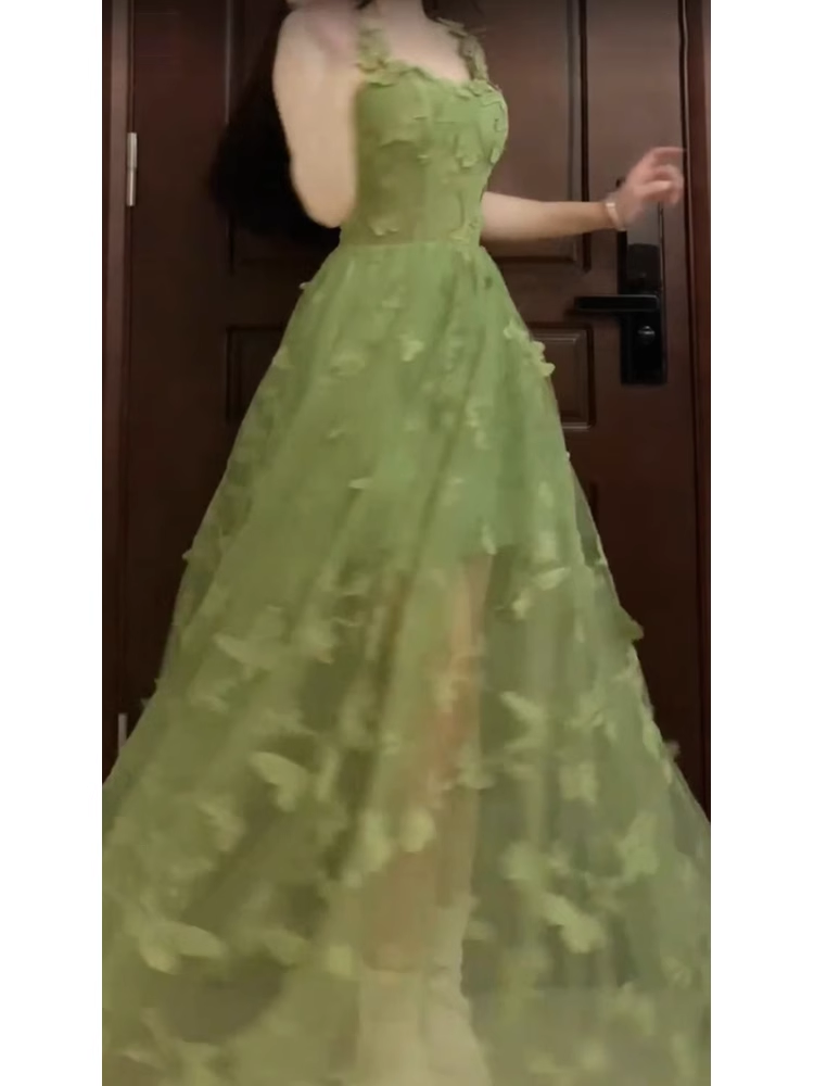 Retro A Line Spaghetti Straps Ankle length Green Lace Prom Dresses Birthday Outfits