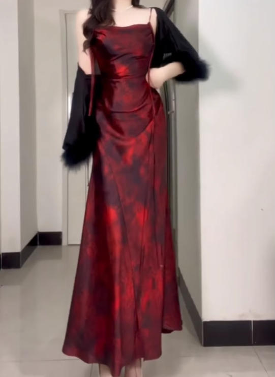 Retro Sheath Spaghetti Straps Ankle length Burgundy Floral Satin Prom Dresses Birthday Outfits