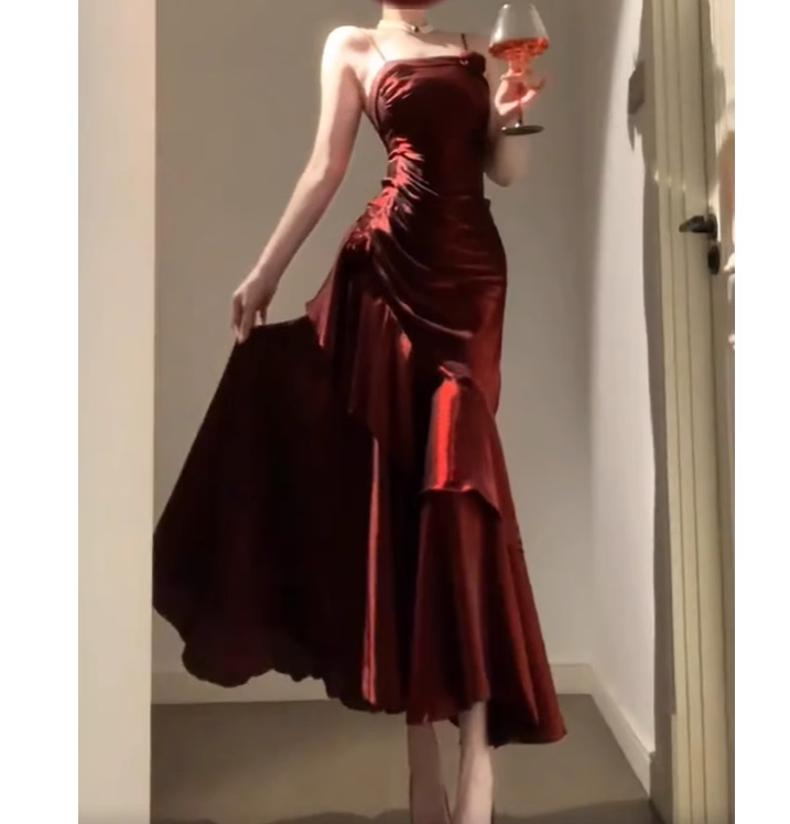 Retro Mermaid Spaghetti Straps Burgundy Prom Dresses Birthday Outfits With Flower