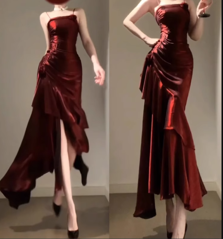 Retro Mermaid Spaghetti Straps Burgundy Prom Dresses Birthday Outfits With Flower