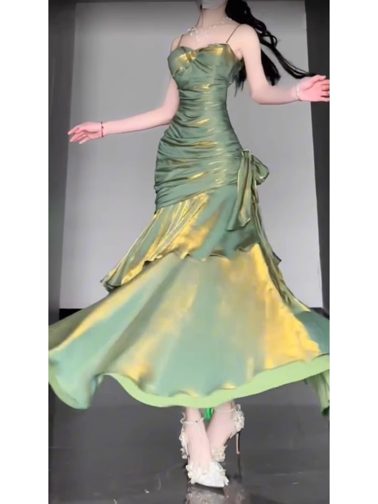 Retro Mermaid Spaghetti Straps Green Prom Dresses Birthday Outfits With Flower