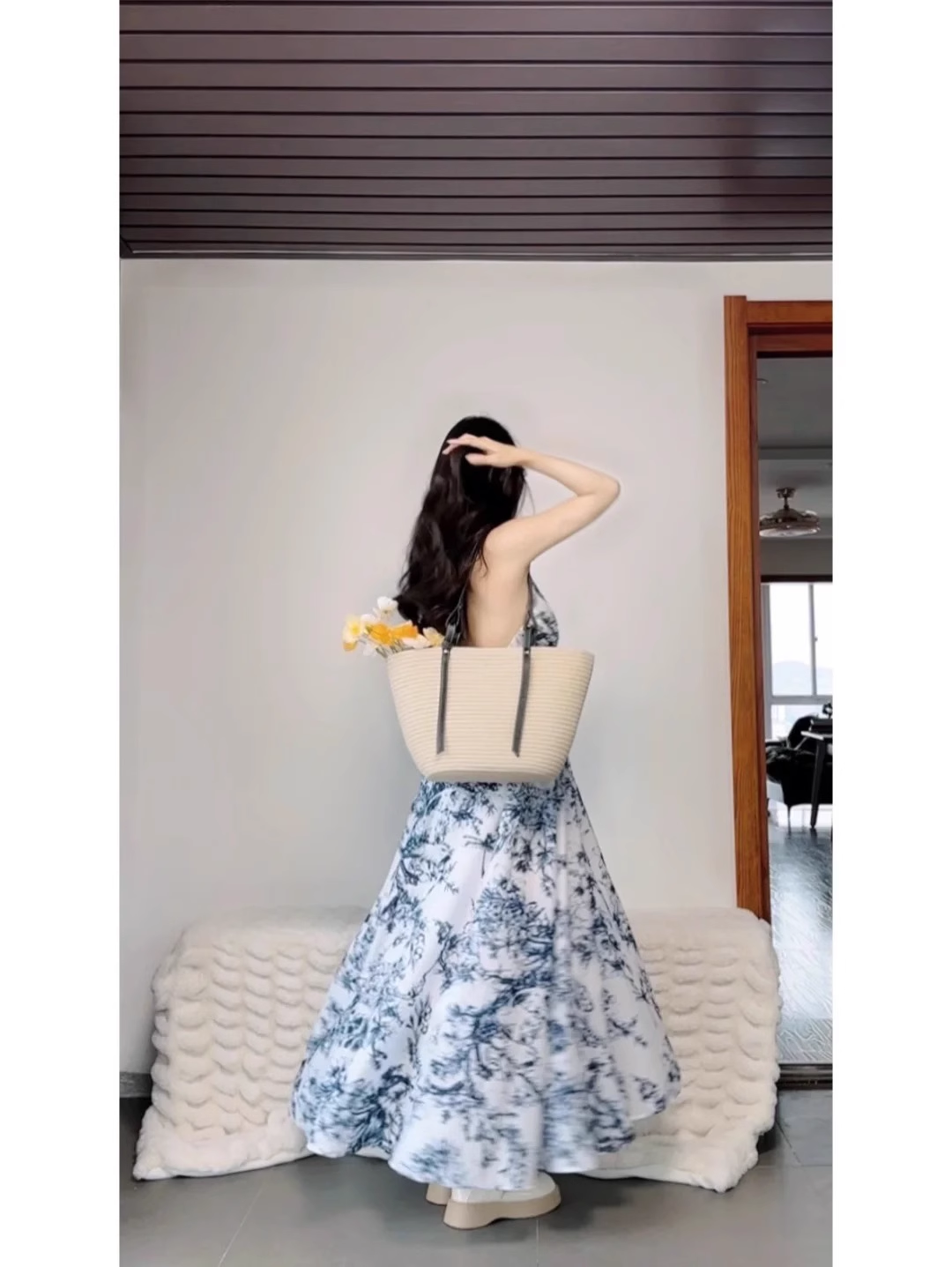 French Retro A Line V Neckline Floral Blue Ankle length Prom Dresses Birthday Outfits