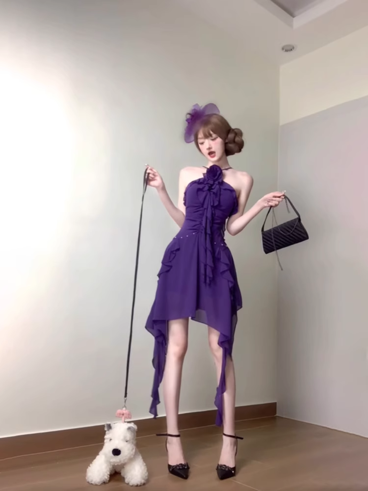 French Retro A Line Halter Grape Floral Chiffon Prom Dresses Birthday Outfits