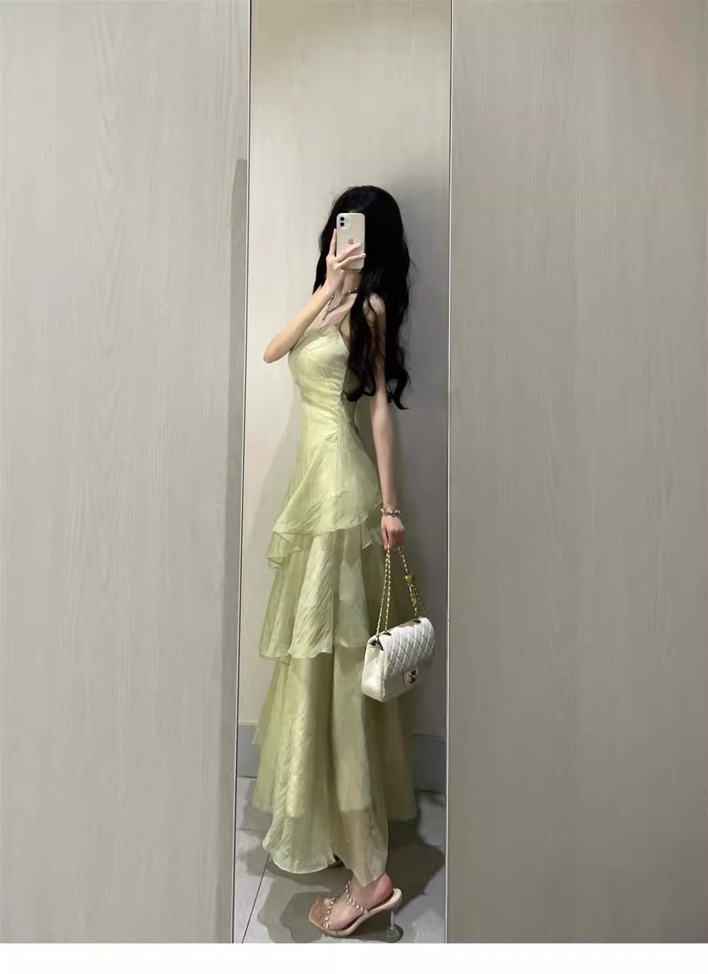 French Retro Sheath Spaghetti Straps Sage Green Ruffles Party Beach Dresses Birthday Outfits
