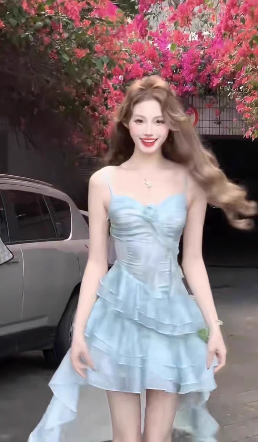 Cute Sheath Spaghetti Straps Light Blue Ruffles Party Beach Dresses Birthday Outfits