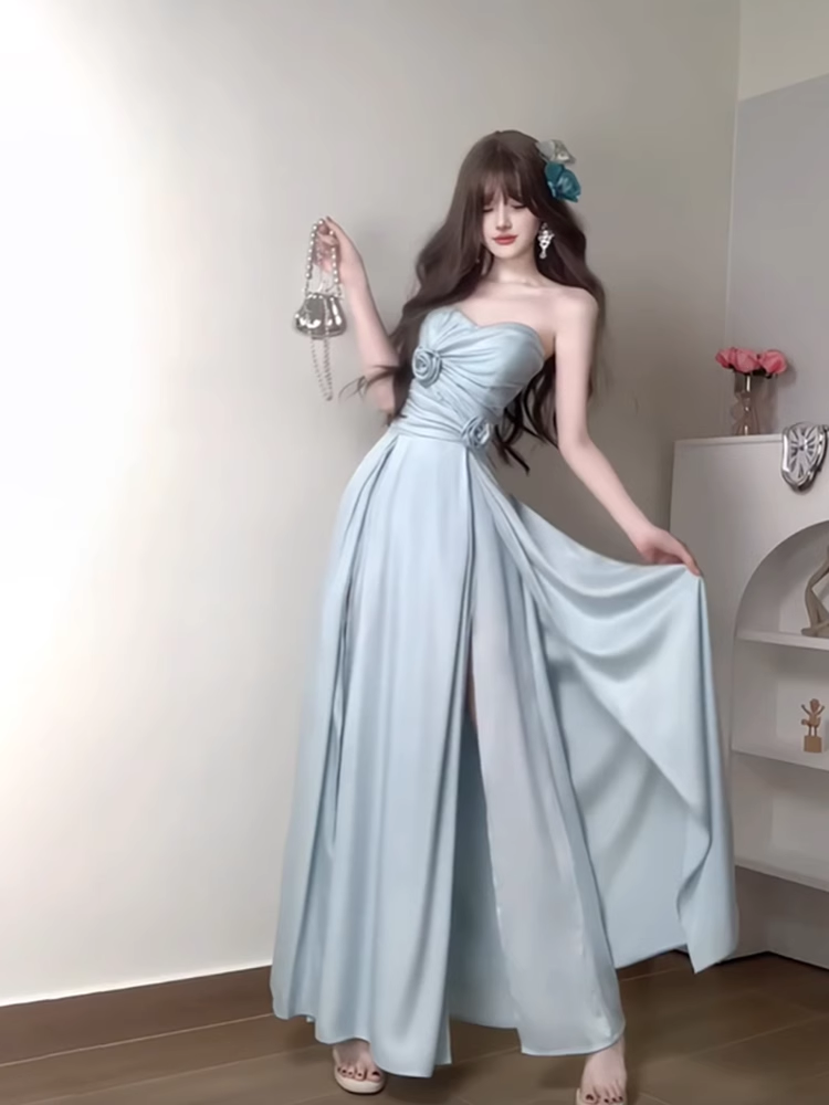 Sexy A line Strapless Blue Slit Long Party Prom Dresses Birthday Outfits