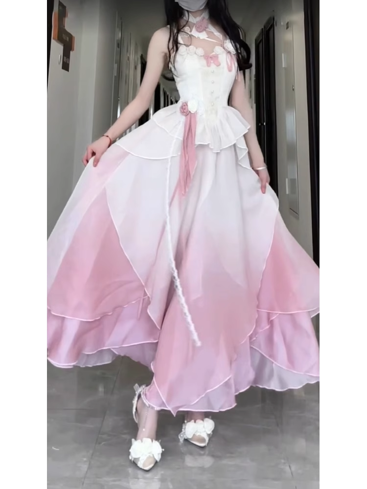 Sexy A line Straps Ombre Pink Chiffon Party Prom Dresses Birthday Outfits