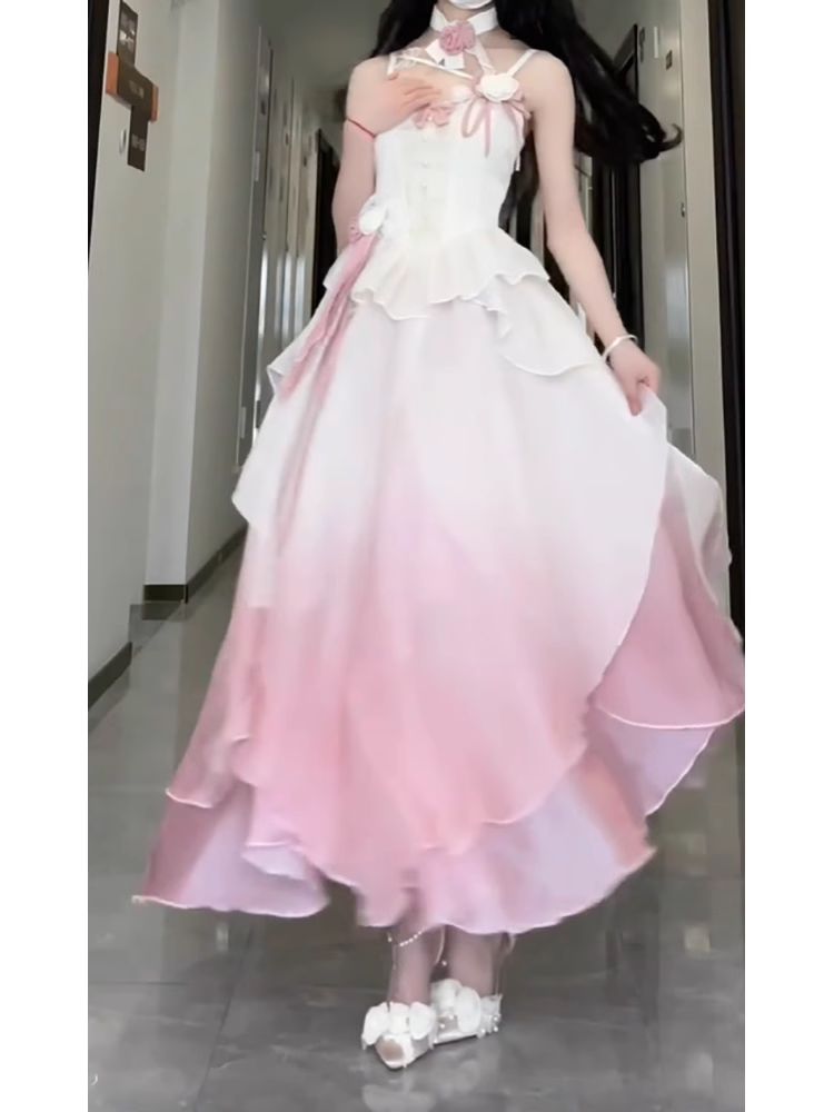 Sexy A line Straps Ombre Pink Chiffon Party Prom Dresses Birthday Outfits