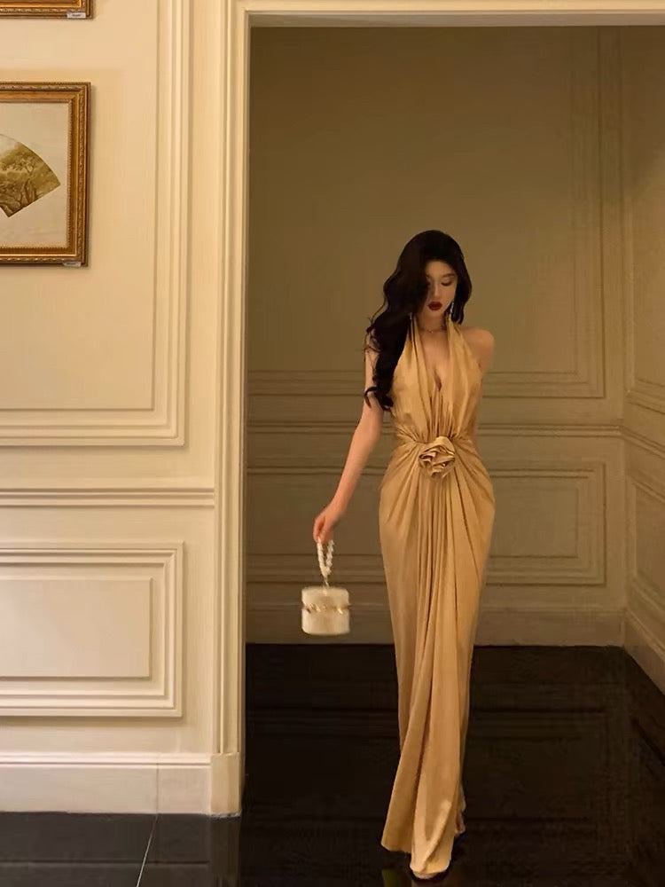 Chic Mermaid Halter Gold Long Ruffles Prom Dresses Birthday Dress