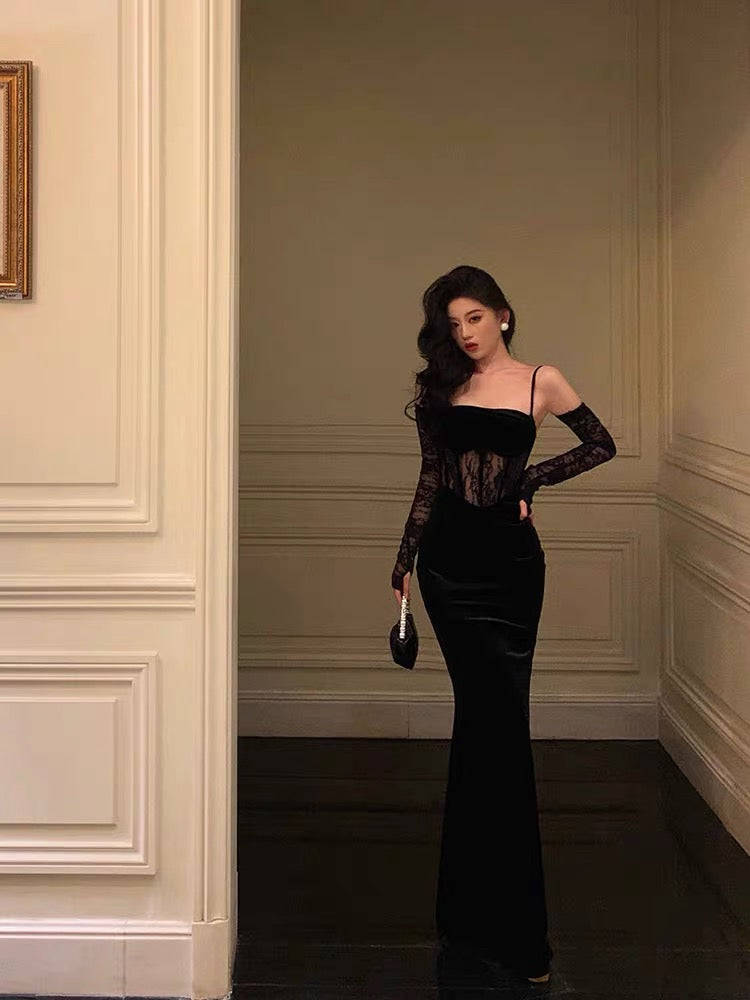 Pretty Sheath Spaghetti Straps Black Lace Long Prom Dresses Birthday Outfits With Gloves