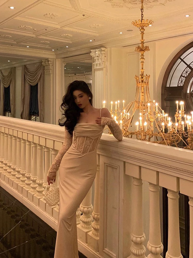 Sexy Sheath Spaghetti Straps Lace Long Prom Dresses Birthday Outfits With Gloves