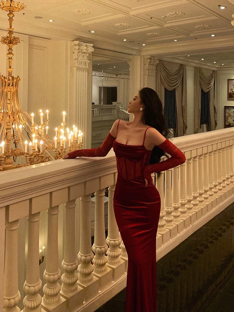 Sexy Sheath Spaghetti Straps Lace Red Velvet Long Prom Dresses Birthday Outfits With Gloves