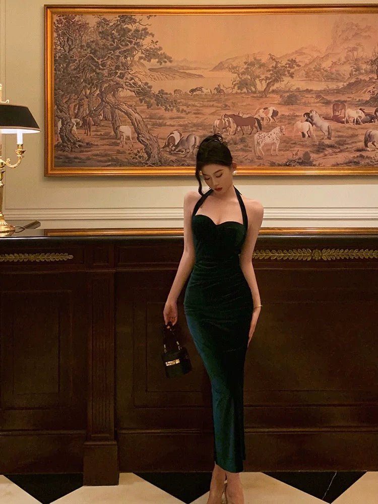 Sexy Sheath Halter Velvet Green Knee Length Prom Dresses Birthday Outfits