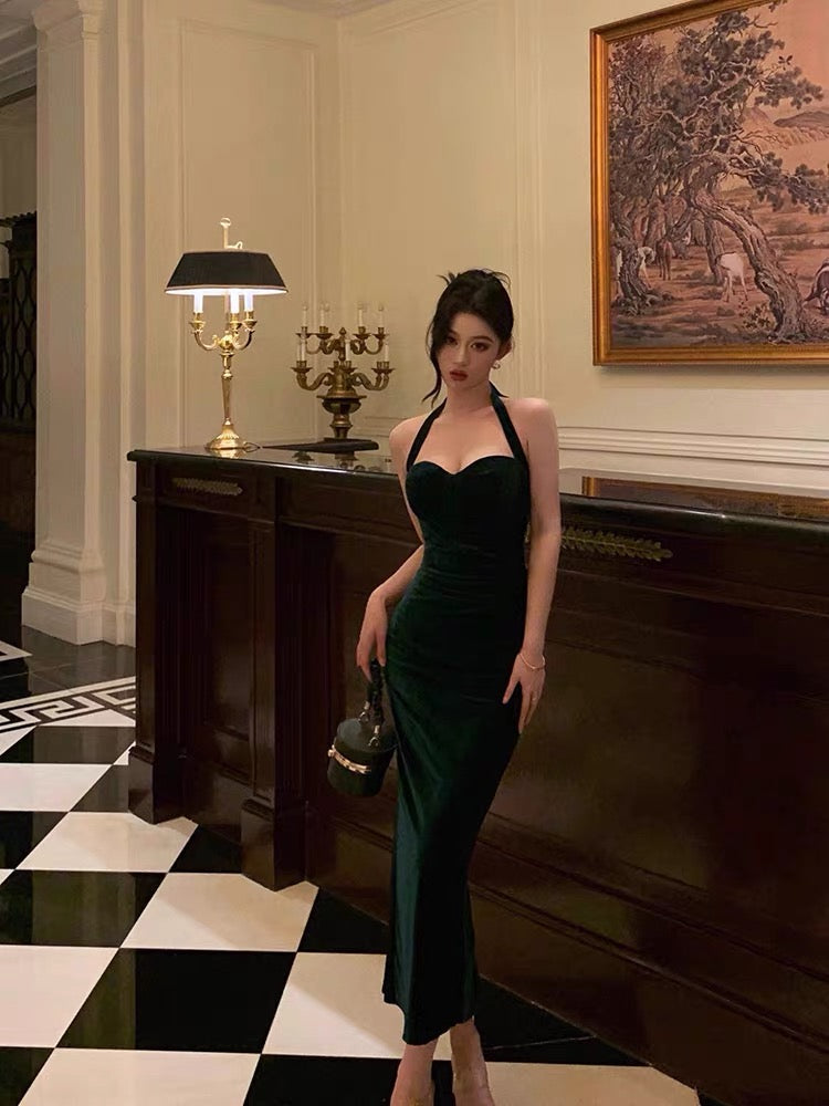 Sexy Sheath Halter Velvet Green Knee Length Prom Dresses Birthday Outfits