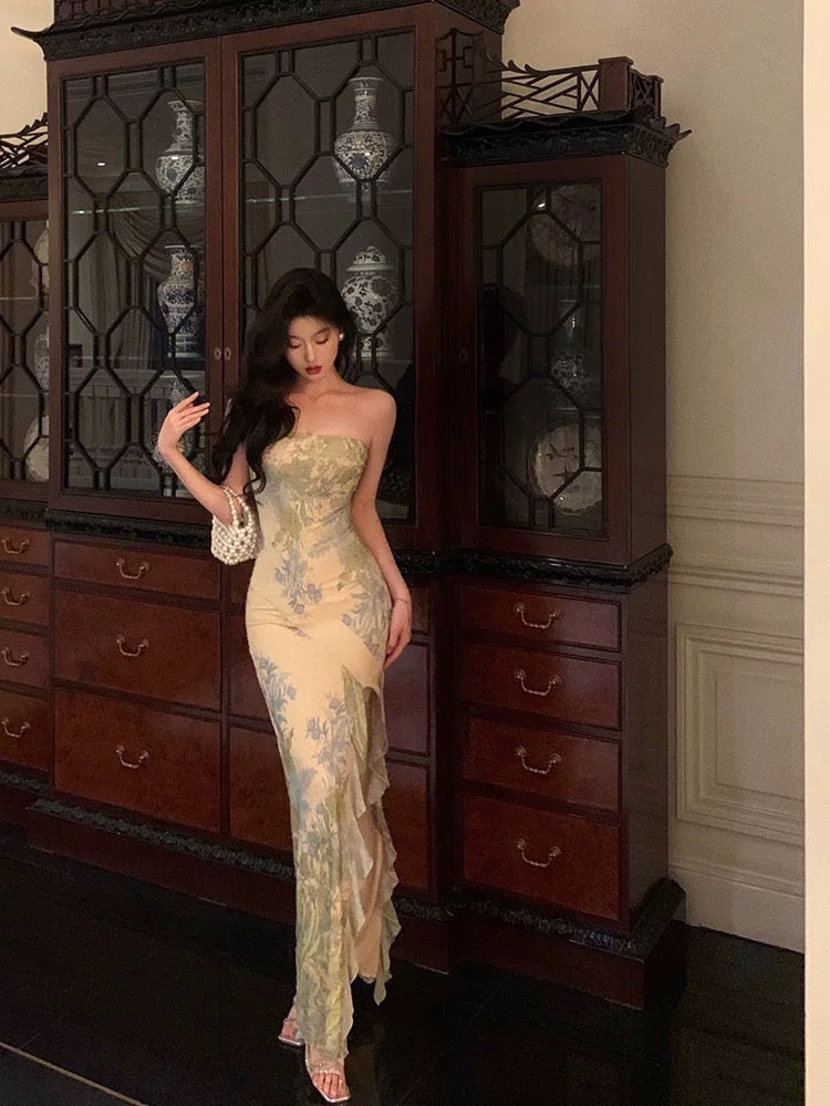 Pretty Sheath Strapless Floral Slit Long Prom Dresses Birthday Outfits