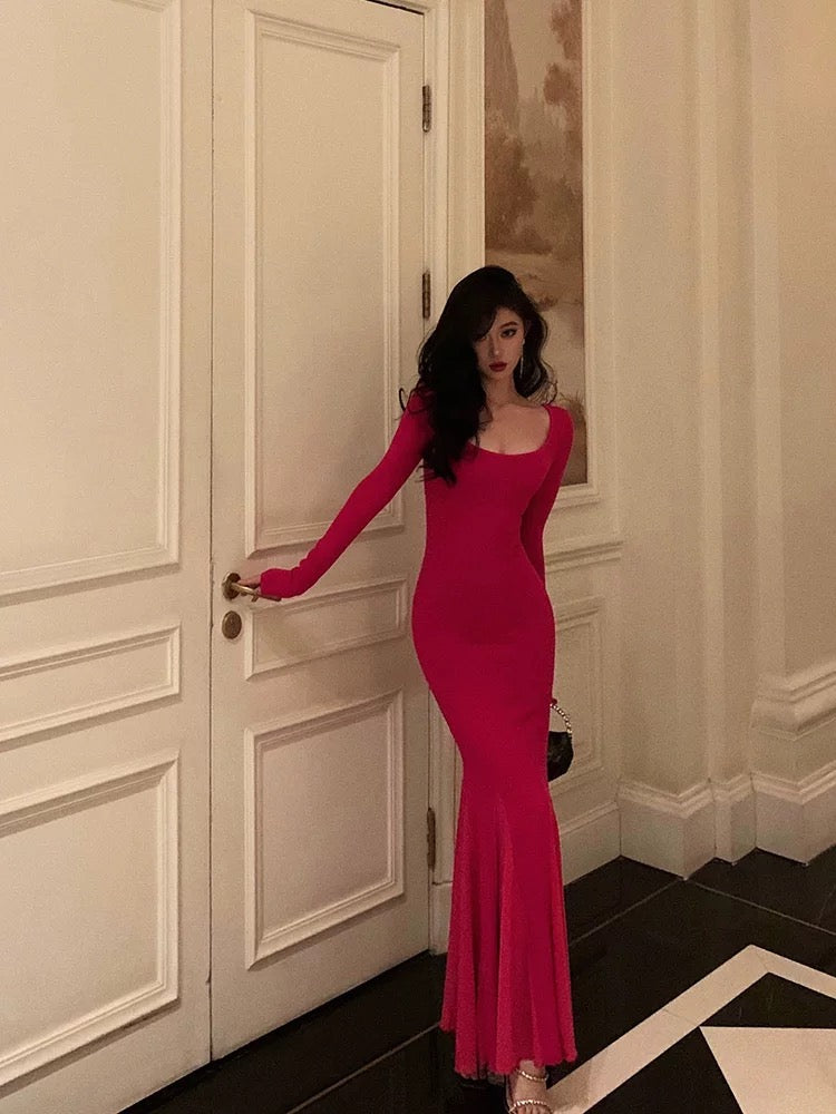 Sexy Mermaid Square Neckline Long Sleeves Pink Prom Dresses Birthday Outfits