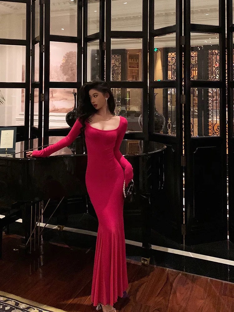 Sexy Mermaid Square Neckline Long Sleeves Pink Prom Dresses Birthday Outfits