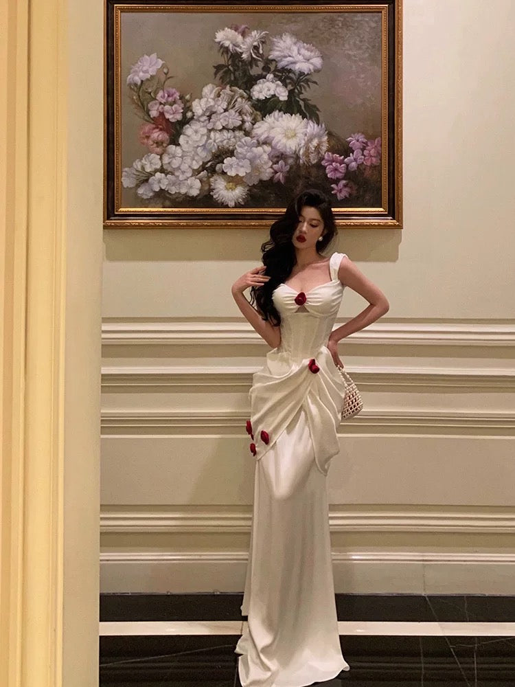 Sexy Mermaid Straps White Long Satin Prom Dresses Birthday Outfits