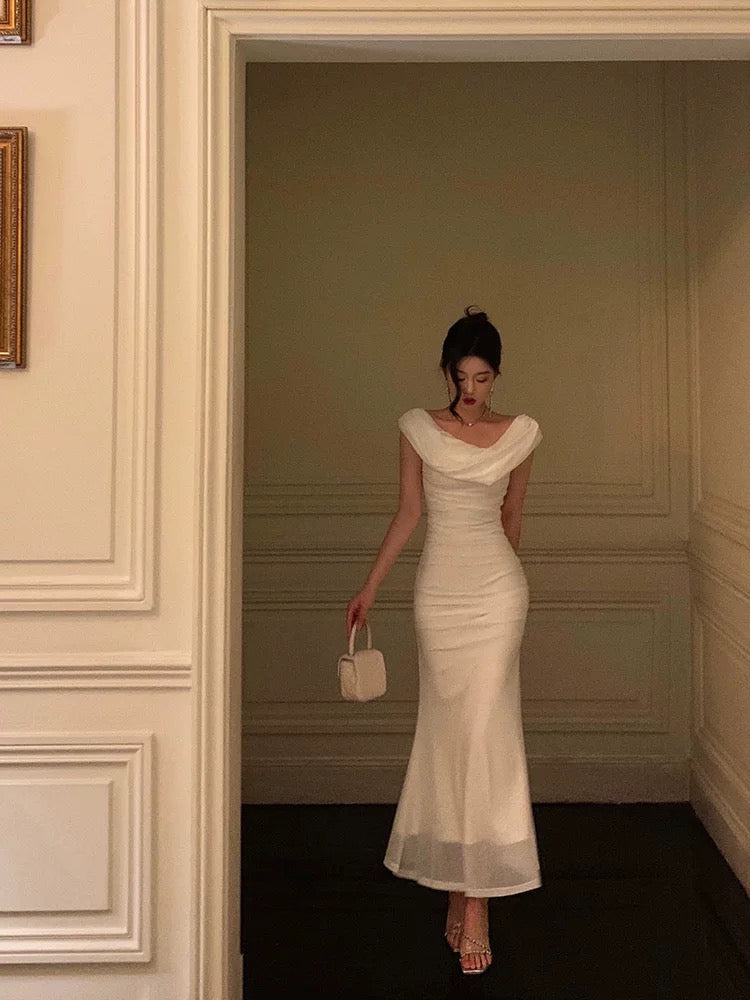 Sexy Sheath Boat Chiffon White Ankle Length Prom Dresses Birthday Outfits