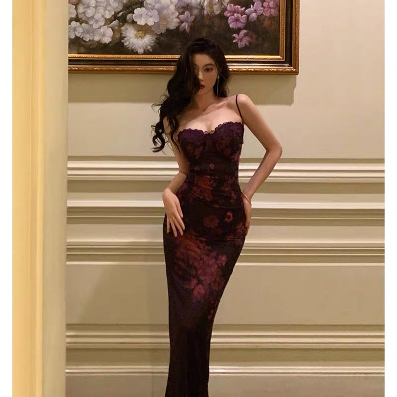 Sexy Sheath Spaghetti Straps Lace Grape Ankle Length Prom Dresses Birthday Outfits