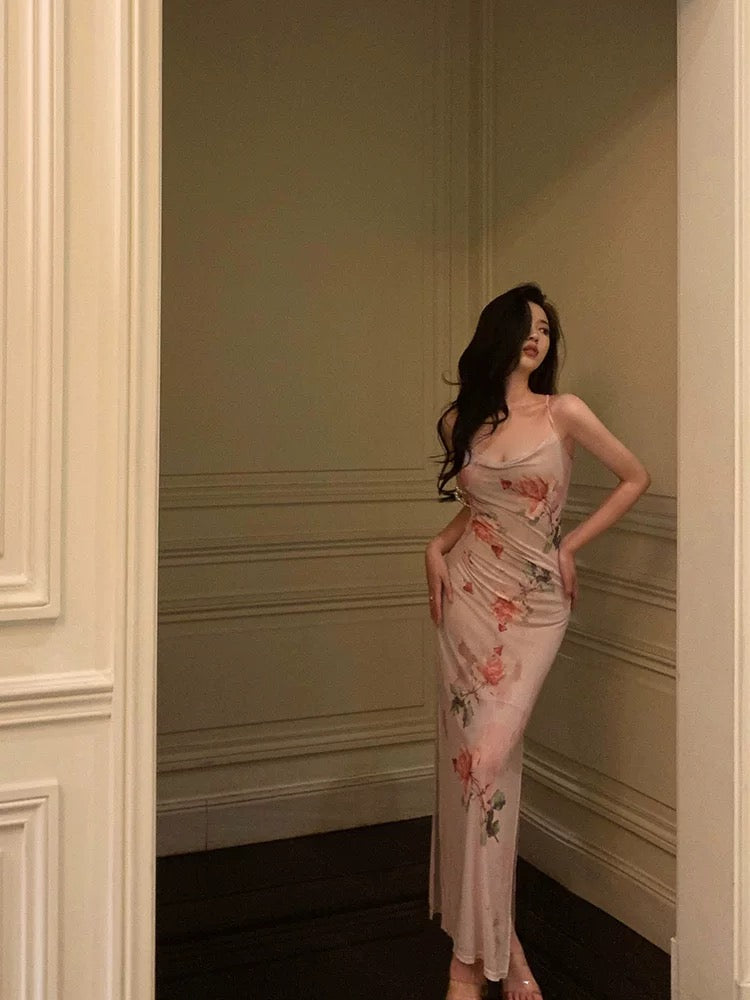 Sexy Sheath Spaghetti Straps Floral Pink Ankle Length Prom Dresses Birthday Outfits