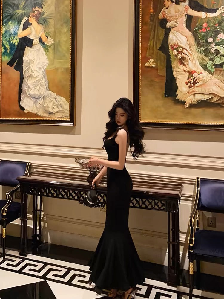 Sexy Sheath Spaghetti Straps Black Ankle Length Prom Dresses Birthday Outfits