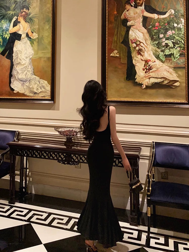 Sexy Sheath Spaghetti Straps Black Ankle Length Prom Dresses Birthday Outfits
