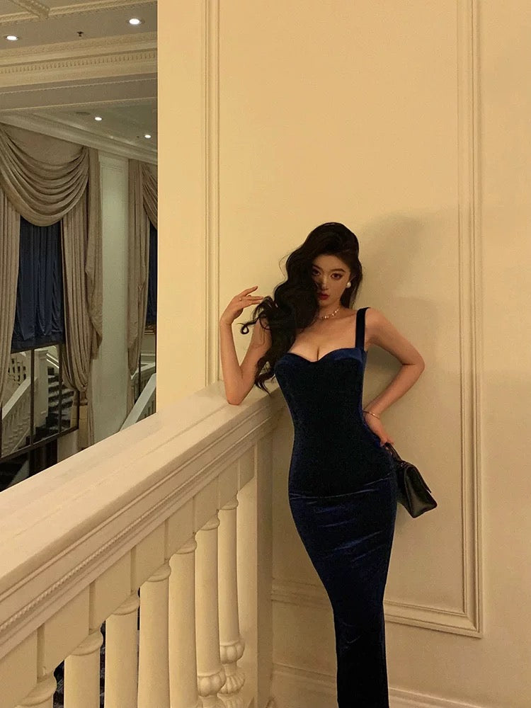 Sexy Sheath Straps Royal Blue Velvet Ankle Length Prom Dresses Birthday Outfits