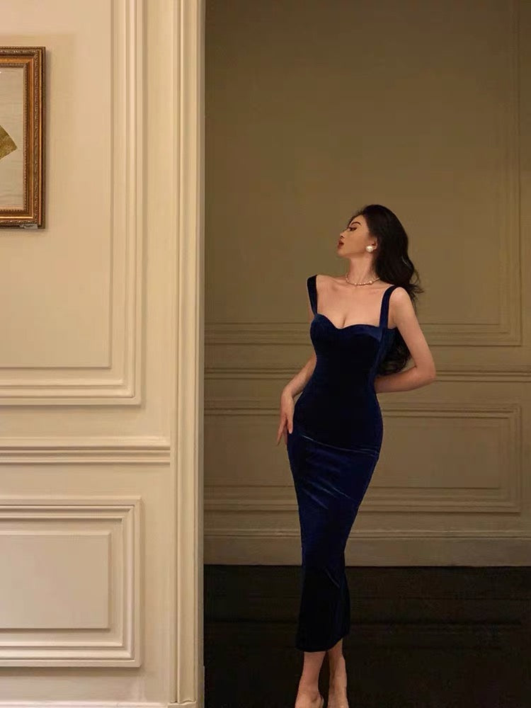 Sexy Sheath Straps Royal Blue Velvet Ankle Length Prom Dresses Birthday Outfits
