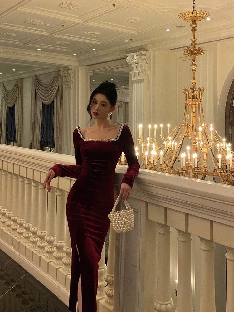 Sexy Sheath Square Neckline Burgundy Velvet Ankle Length Prom Dresses Birthday Outfits