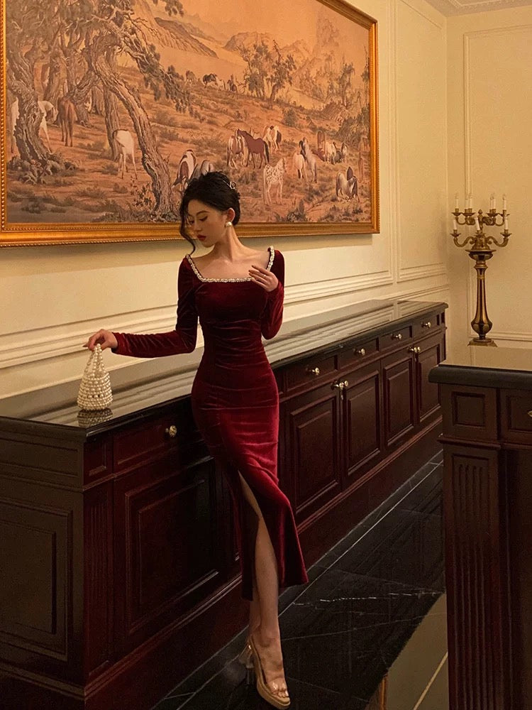 Sexy Sheath Square Neckline Burgundy Velvet Ankle Length Prom Dresses Birthday Outfits