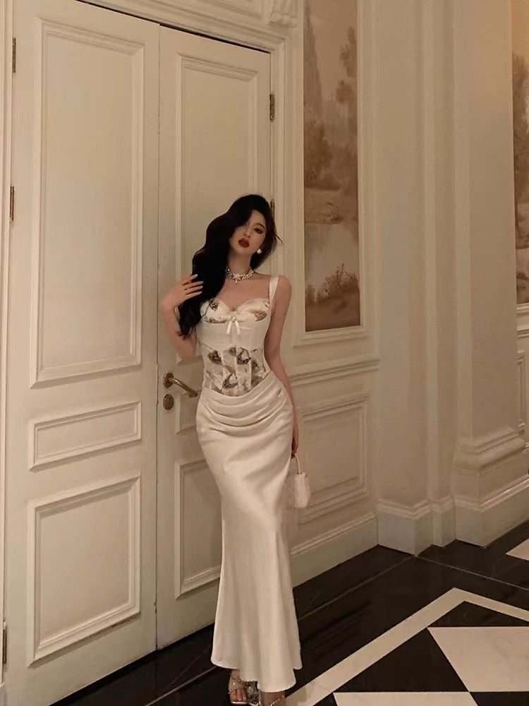 Sexy Mermaid Sweetheart Straps White Floral Long Satin Prom Dresses Birthday Outfits