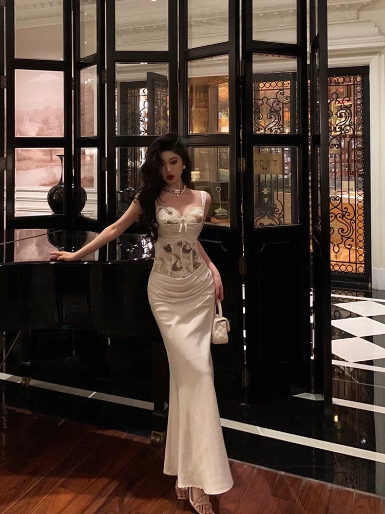 Sexy Mermaid Sweetheart Straps White Floral Long Satin Prom Dresses Birthday Outfits