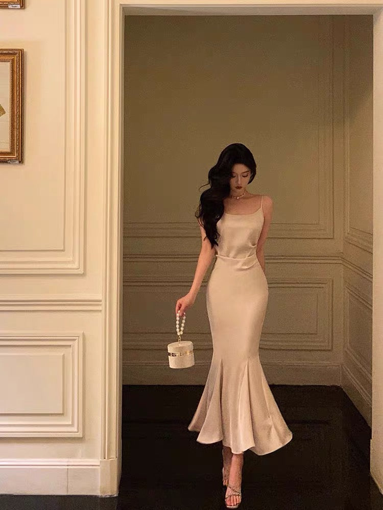 Sexy Mermaid Spaghetti Straps Mid Length Satin Prom Dresses Birthday Outfits