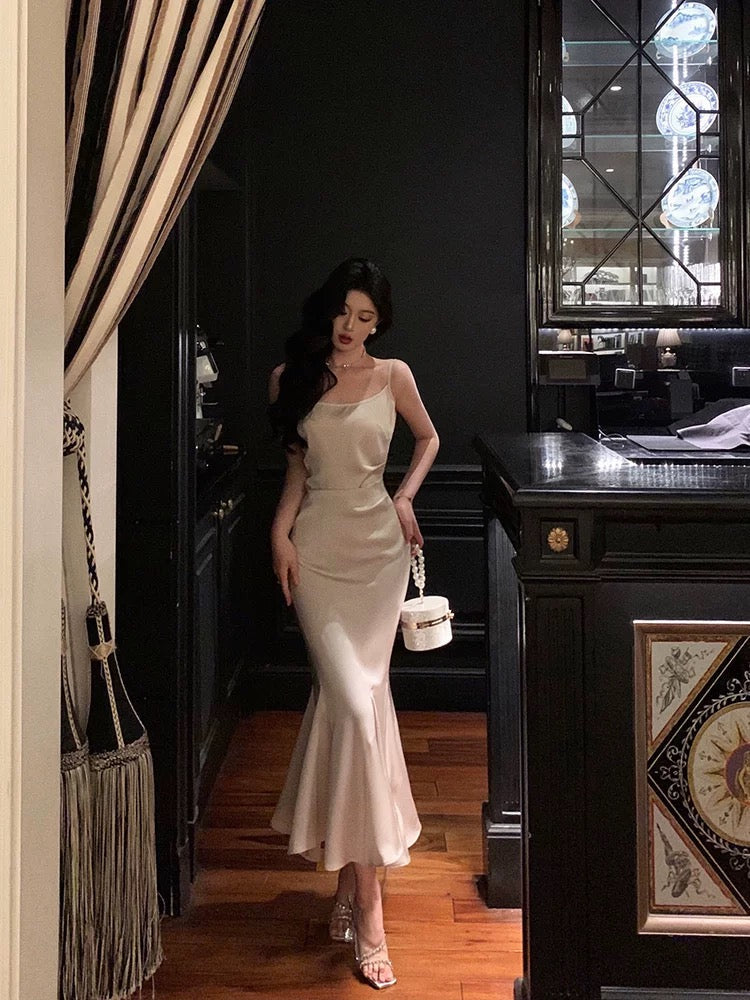 Sexy Mermaid Spaghetti Straps Mid Length Satin Prom Dresses Birthday Outfits