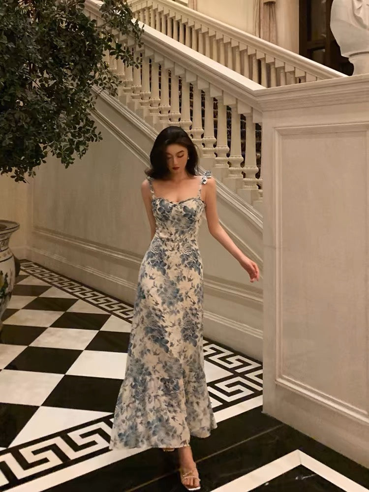 Cute A line Spaghetti Straps Mid Length Floral Blue Prom Dresses Birthday Outfits
