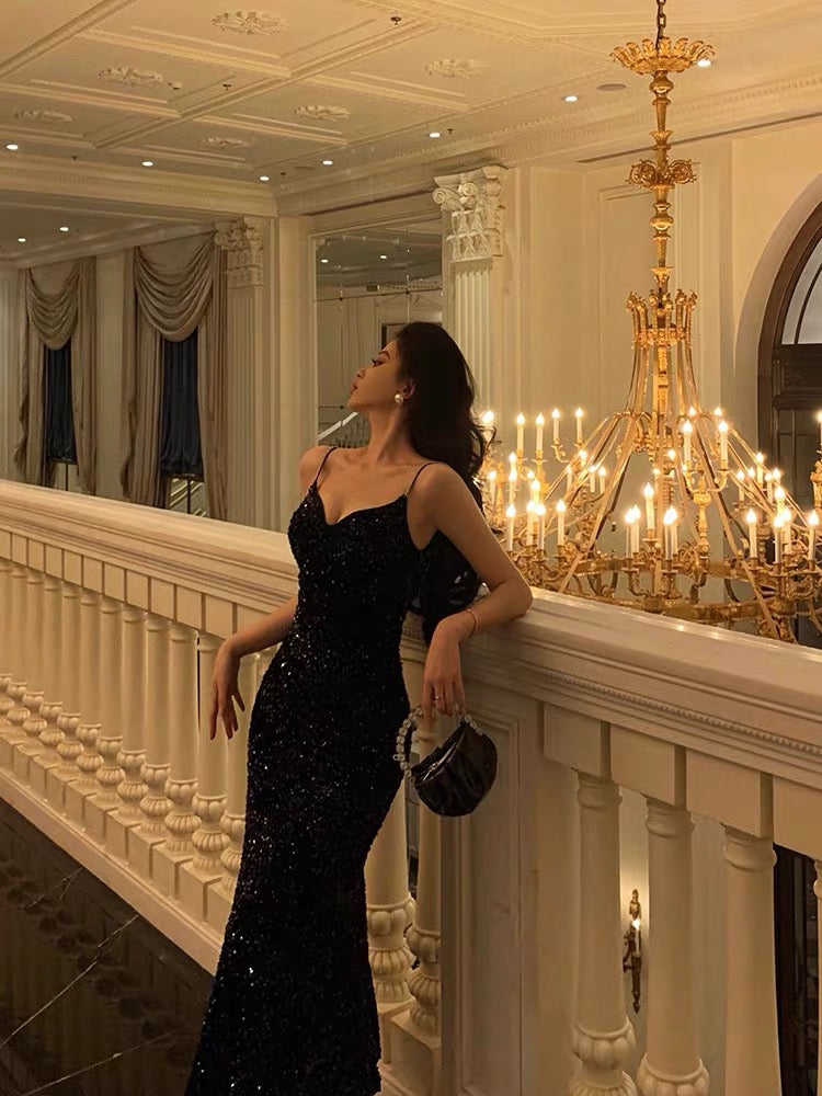 Sexy Mermaid Spaghetti Straps Black Sequin Prom Dresses Birthday Outfits