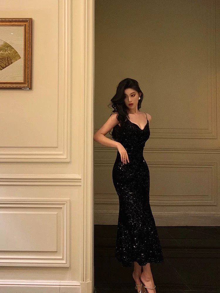 Sexy Mermaid Spaghetti Straps Black Sequin Prom Dresses Birthday Outfits