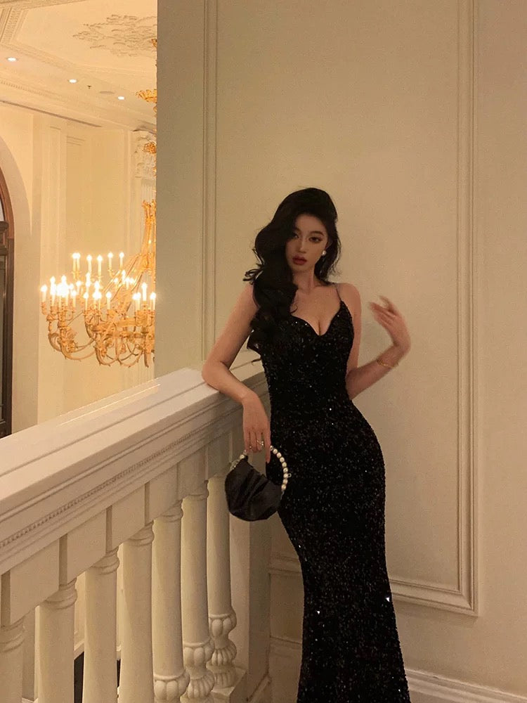 Sexy Mermaid Spaghetti Straps Black Sequin Prom Dresses Birthday Outfits