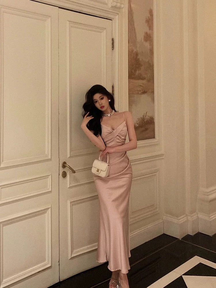 Sexy Mermaid Spaghetti Straps Pink Satin Ankle Length Prom Dresses Birthday Outfits