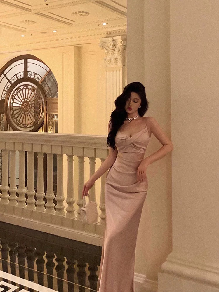 Sexy Mermaid Spaghetti Straps Pink Satin Ankle Length Prom Dresses Birthday Outfits