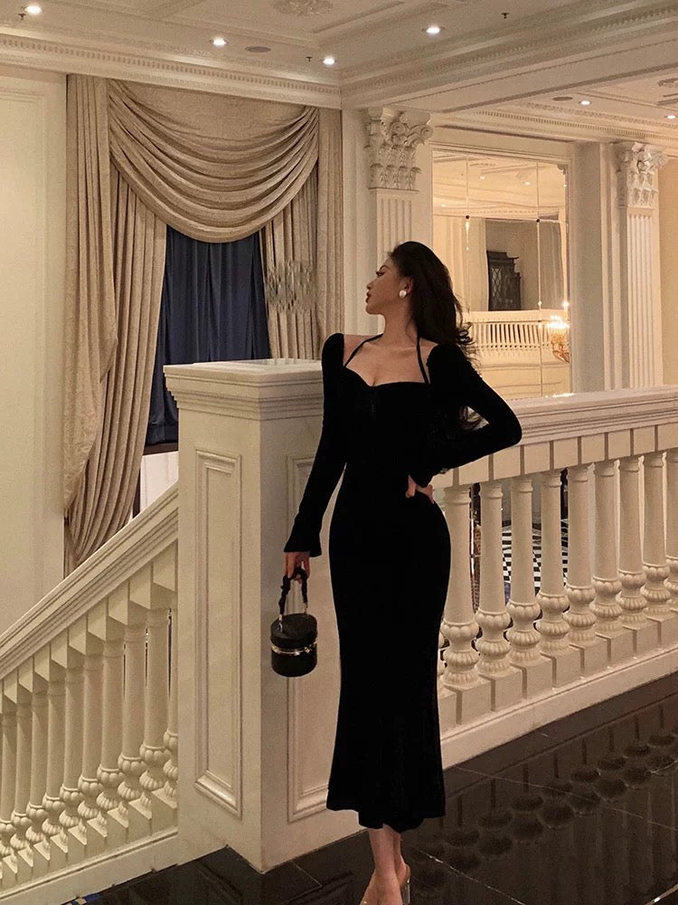 Sexy Mermaid Halter Long Sleeves Velvet Black Prom Dresses Birthday Outfits